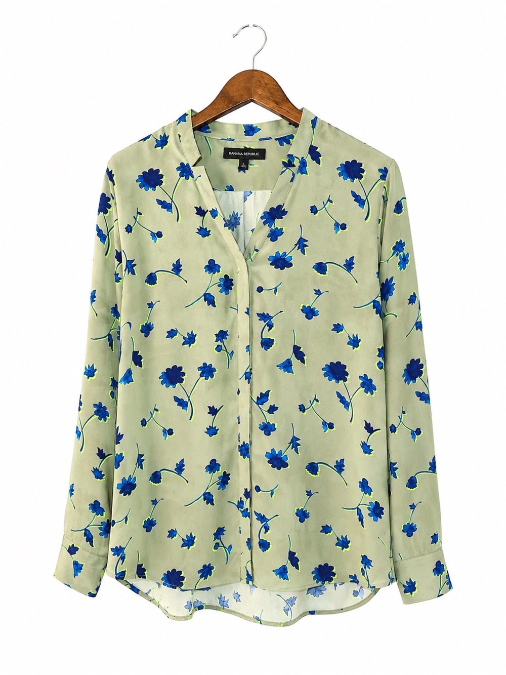 Banana Republic Women’s Large Floral Blouse Green Blue Long Sleeve Button Front